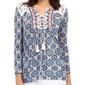 Lucky Brand Blue & Pink Linen Embroidered Boho Peasant Top